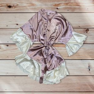 Super cute pink “bed , I love you ” satin robe coat with waterfall sleeves